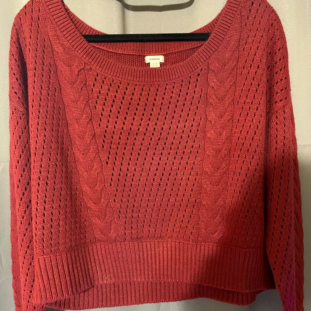 Womens cable knit red wide neck/off the shoulder crop sweater